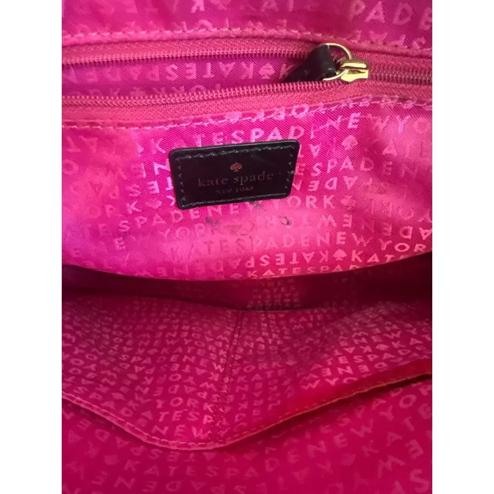 Kate Spade Black Leather with Black and White Striped Shoulder Tote Bag